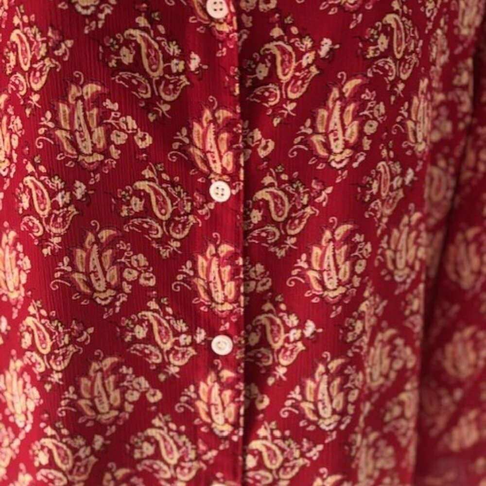 Liz Claiborne Woman 18W Red Paisley Button Front Lace Cuff Sleeve Blouse Boho - Picture 2 of 7